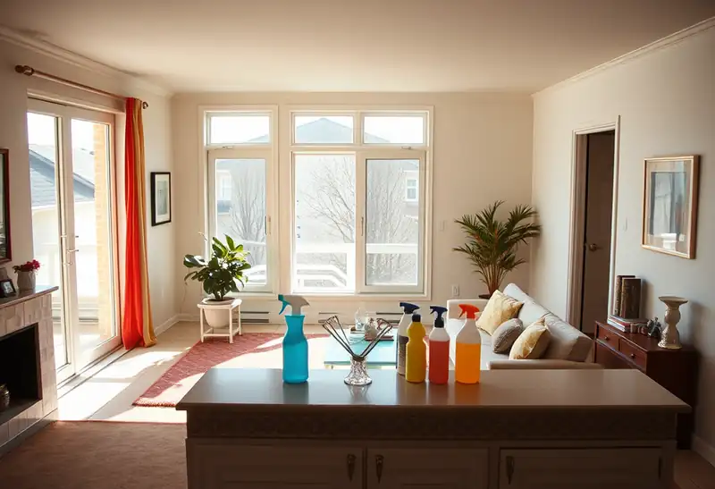 Illustration of clean bright living room with cleaning supplies on a counter in a 1983-era home