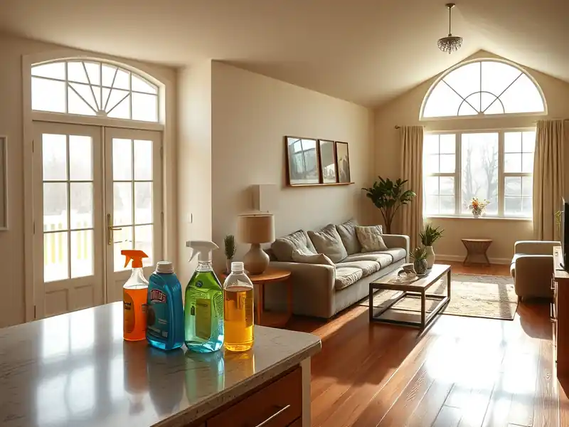 Illustration of close-up of materials and finishes of clean bright living room with cleaning supplies on a counter in a 1983-