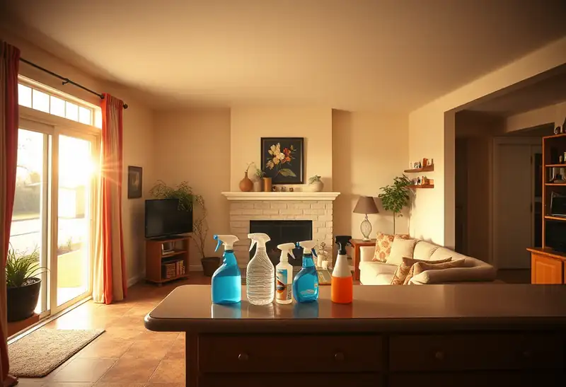 Illustration of clean bright living room with cleaning supplies on a counter in a 1983-era home