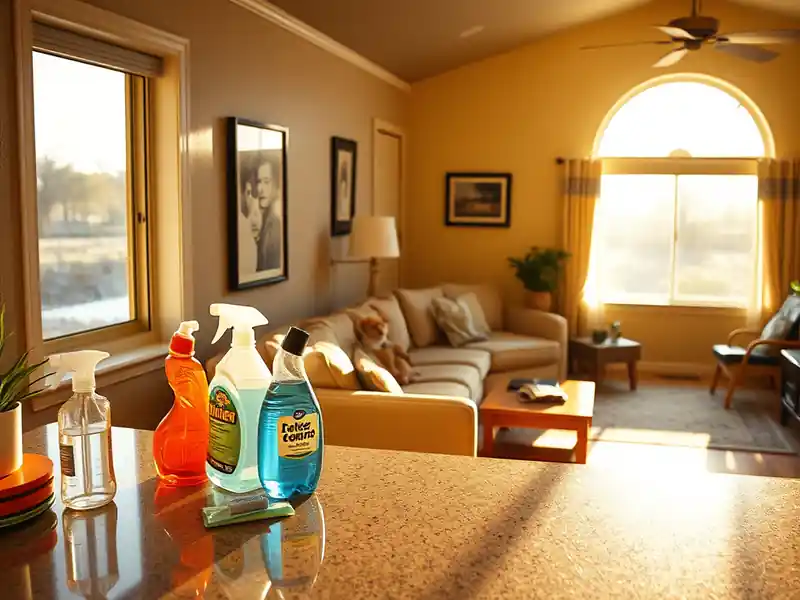 Illustration of close-up of materials and finishes of clean bright living room with cleaning supplies on a counter in a 1983-