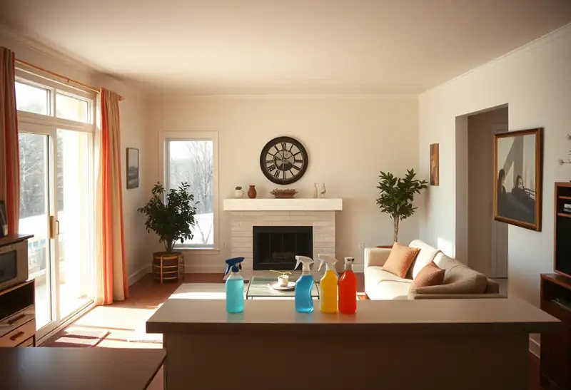 Illustration of clean bright living room with cleaning supplies on a counter in a 1983-era home