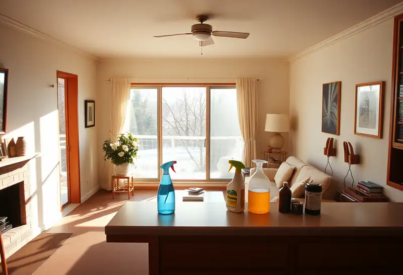 Illustration of clean bright living room with cleaning supplies on a counter in a 1983-era home