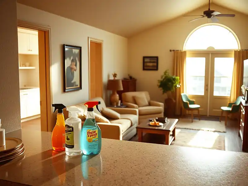 Illustration of close-up of materials and finishes of clean bright living room with cleaning supplies on a counter in a 1983-