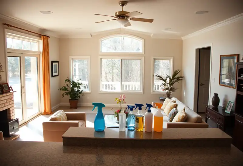 Illustration of clean bright living room with cleaning supplies on a counter in a 1983-era home