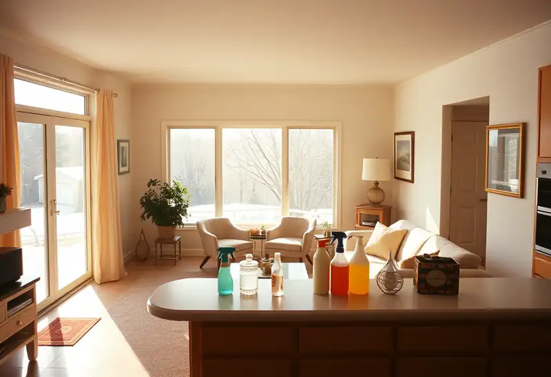 Illustration of clean bright living room with cleaning supplies on a counter in a 1983-era home