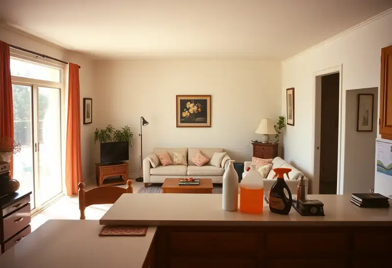 Illustration of clean bright living room with cleaning supplies on a counter in a 1983-era home