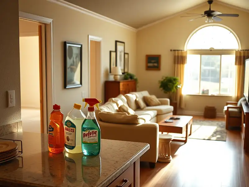 Illustration of close-up of materials and finishes of clean bright living room with cleaning supplies on a counter in a 1983-