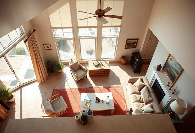 Illustration of clean bright living room with cleaning supplies on a counter in a 1983-era home